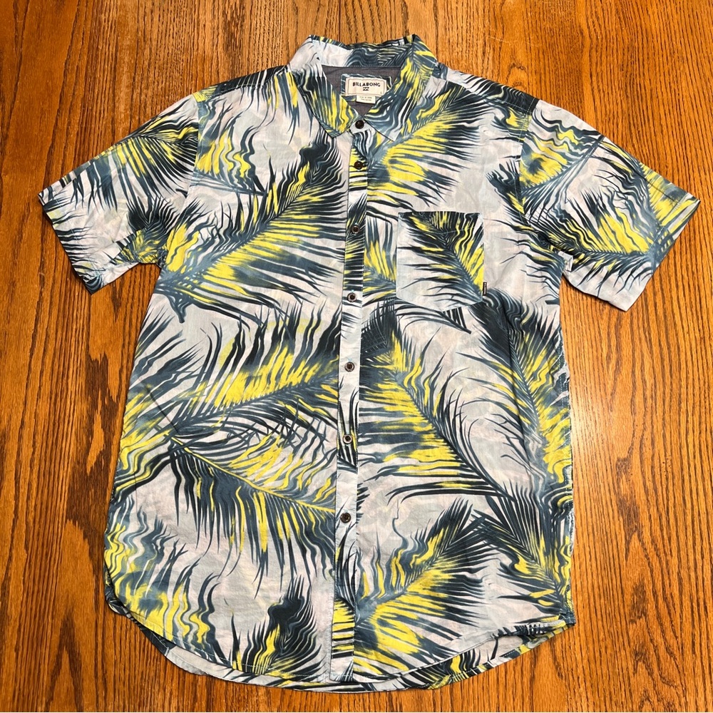 Billabong Hawaiian Shirt Men’s Button Up Tropical Palm Print Blue Yellow Size L